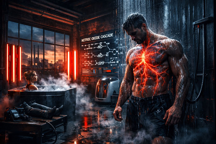 High-tech recovery protocol for Bentleigh athletes showing vascular nitric oxide activation, contrast therapy ice bath, and infrared red light setup for cellular repair and blood flow.