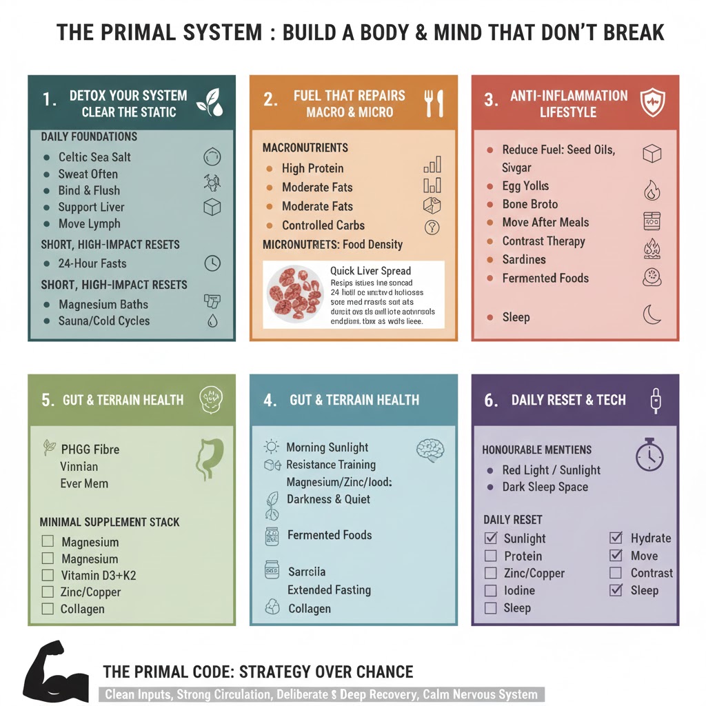 Infographic of The Primal System showing recovery pillars: Lymphatic Flush, Mineral Hydration, High Protein Fuel, and Stress Mastery protocols for athletes in Moorabbin VIC.