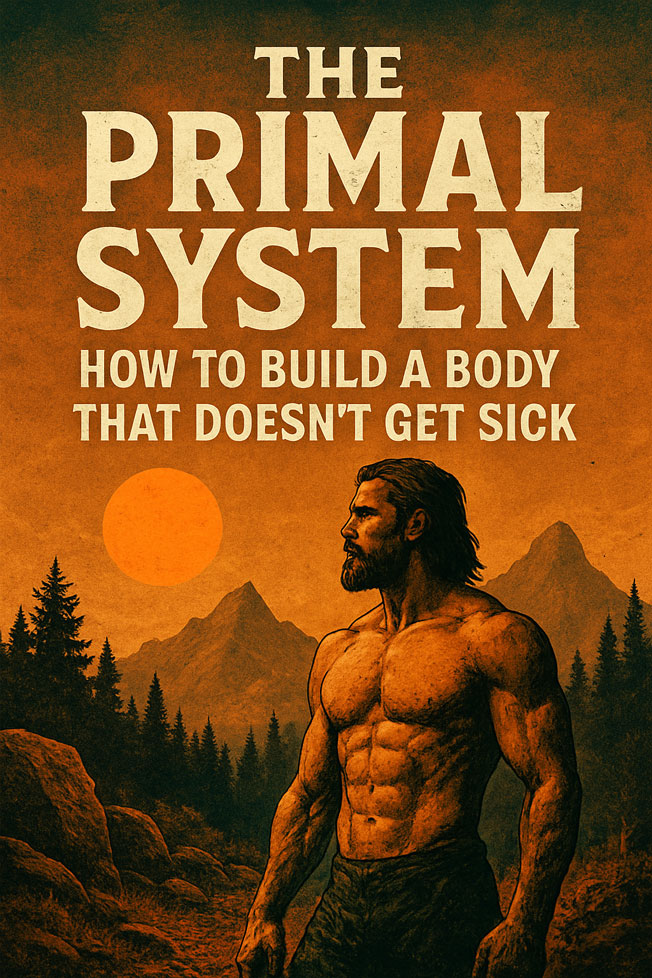 Primal Recovery Centre brand artwork titled Build a Human That Stress Sickness and Modern Life Cant Break featuring a resilient cyborg figure representing biohacking and physical recovery in Moorabbin.