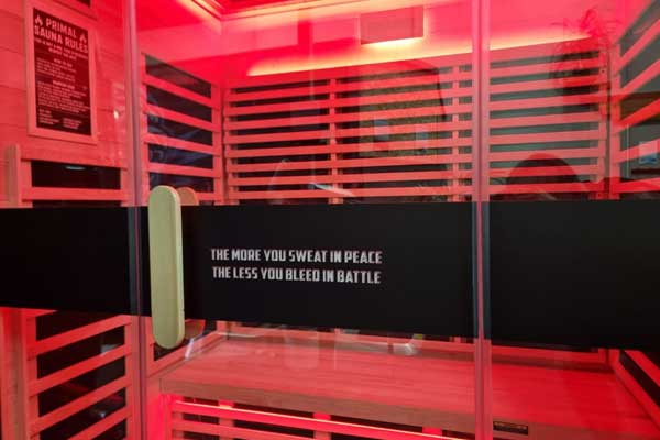 Infrared sauna at Primal Recovery in Moorabbin, using infrared heat panels to promote relaxation, circulation, detoxification, and post-training recovery.