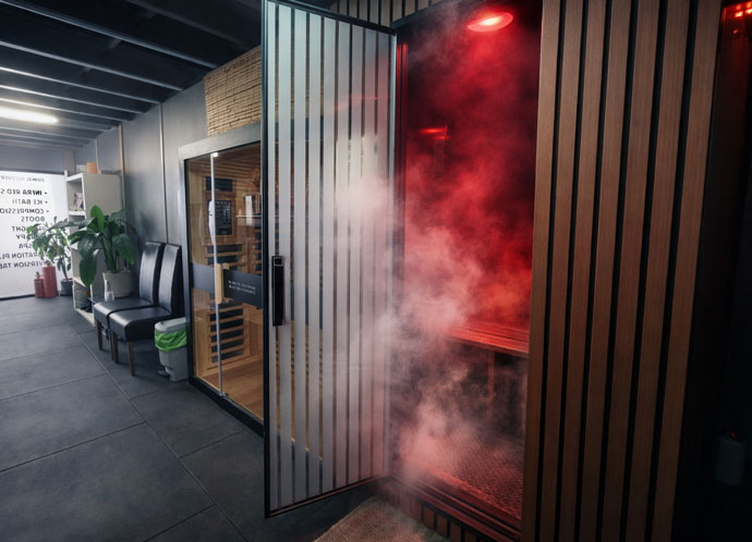 Steam-filled sauna room designed for sweating, relaxation, and recovery.